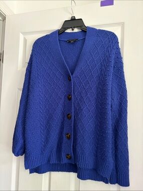 Ann Taylor Royal Blue Textured V-Neck Button Cardigan